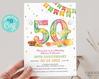 50th Birthday Invitation, 50th Anniversary Party Invitation, 50 Years Invite, 50th Fiesta Invitation, Mexican Themed, Printable, Corjl, A24