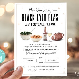 Invitación a la cena de Año Nuevo, Invitación a la comida de Año Nuevo, Cena de Año Nuevo, Guisantes de Ojo Negro, Tradiciones de Año Nuevo, Imprimible DIY, NY