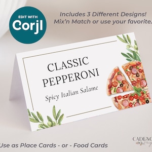 Cartões de comida para buffet de pizza, sinais de comida imprimíveis para pizza bar, cartões de lugar de pizza, cartões de lugar italiano, decoração amor, chá de casal, faça você mesmo, EDITÁVEL
