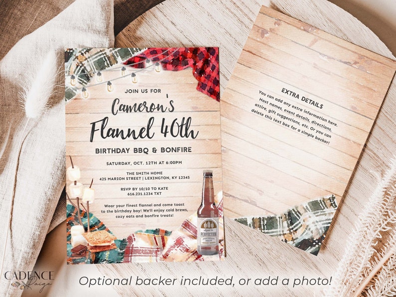 May include: A birthday party invitation with a flannel and campfire theme. The invitation is for Cameron's 40th birthday and includes details about the event, including the date, time, location, and RSVP information. The invitation features a watercolor illustration of a campfire, marshmallows, and a plaid blanket.