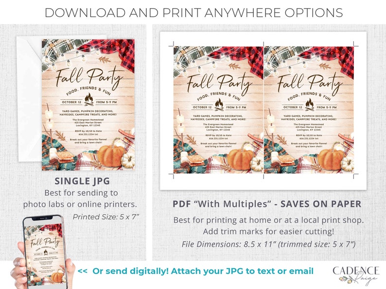 May include: Fall Party invitation with a rustic wood background, featuring a campfire, pumpkins, and plaid fabric. The text reads "Fall Party, Food, Friends & Fun, October 12, From 5-9 PM".
