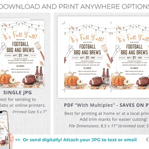 May include: Printable invitation for a football themed party with a fall theme. The invitation features a football, pumpkins, and fall leaves. The text on the invitation reads "It's Fall Y'all! Football BBQ and Brews Sept 21, 2023".