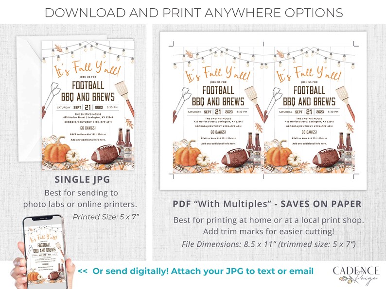 May include: Printable invitation for a football themed party with a fall theme. The invitation features a football, pumpkins, and fall leaves. The text on the invitation reads "It's Fall Y'all! Football BBQ and Brews Sept 21, 2023".