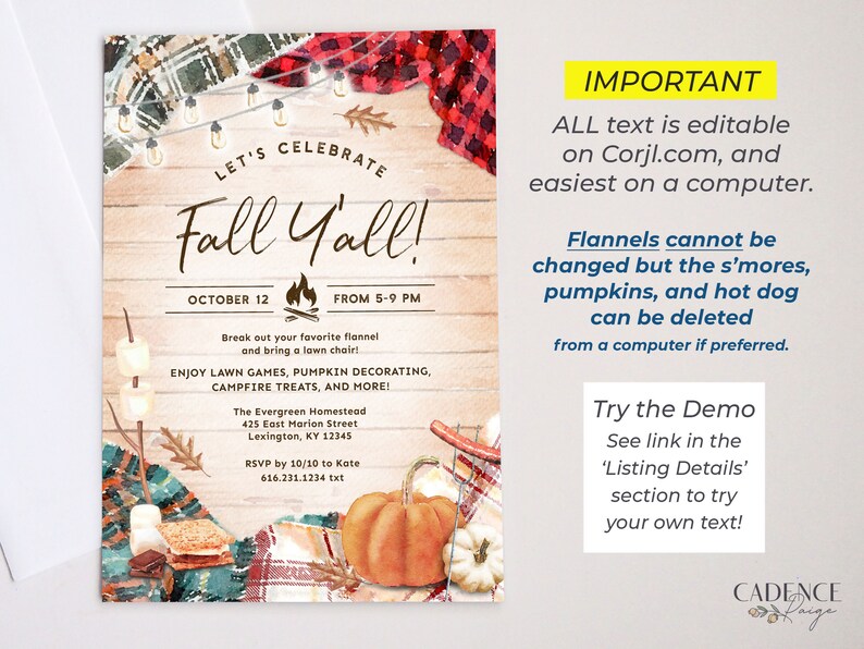 May include: Fall Y'all! invitation with a watercolor illustration of a campfire, pumpkins, and plaid blankets. The text says "Let's Celebrate Fall Y'all!" with the date October 12th and time from 5-9 PM. The invitation also includes the address and RSVP information.