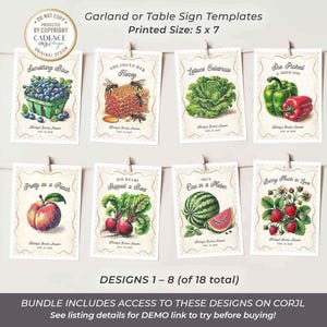 Celebrate the bride with a farmers market bridal shower letting everyone know She's Off the Market! The designs in this bundle feature watercolor illustrations of market items like fresh cut flowers, ripe vegetables, mixed berries, and neutral colored gingham; setting the stage for a charming celebration. This set includes the invitation, table signs for advice, favors, food, etc., recipe cards, fruit and veggie garland decor, cupcake toppers, stickers, favor tags, thank yous, and welcome signs.