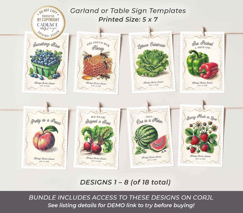 Celebrate the bride with a farmers market bridal shower letting everyone know She's Off the Market! The designs in this bundle feature watercolor illustrations of market items like fresh cut flowers, ripe vegetables, mixed berries, and neutral colored gingham; setting the stage for a charming celebration. This set includes the invitation, table signs for advice, favors, food, etc., recipe cards, fruit and veggie garland decor, cupcake toppers, stickers, favor tags, thank yous, and welcome signs.