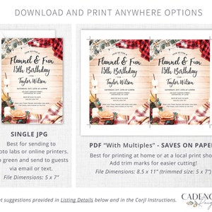 May include: Printable invitation for a 13th birthday party with a flannel and fun theme. The invitation features a rustic wood background with a campfire scene and the text "Join us for a Flannel & Fun 13th Birthday for Taylor Wilson".