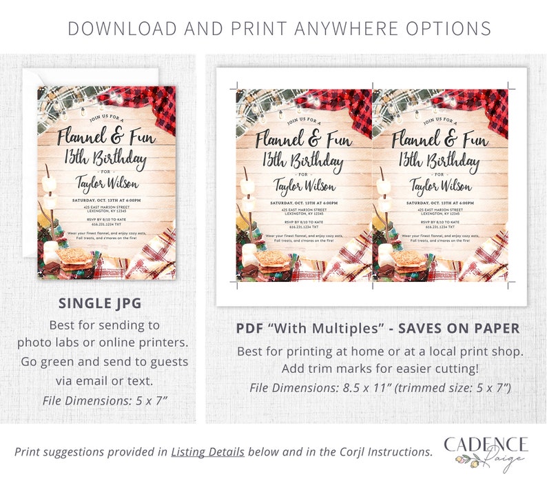 May include: Printable invitation for a 13th birthday party with a flannel and fun theme. The invitation features a rustic wood background with a campfire scene and the text "Join us for a Flannel & Fun 13th Birthday for Taylor Wilson".