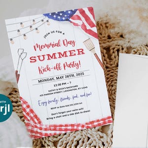 A Memorial Day Party invitation that can be printed or texted to guests. The design has a red, white, and blue American flag in the background along with red checkered picnic gingham. The text on the invitation reads: 'Join us for a Memorial Day Summer Kick-off Party! with Date, Time, and Location. Enjoy family, friends, food, and fun! RSVP info. Don't forget your swim suit! Bring a chair and a side dish to share!' The invitation can be personalized in Corjl.