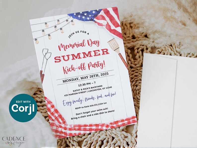 A Memorial Day Party invitation that can be printed or texted to guests. The design has a red, white, and blue American flag in the background along with red checkered picnic gingham. The text on the invitation reads: 'Join us for a Memorial Day Summer Kick-off Party! with Date, Time, and Location. Enjoy family, friends, food, and fun! RSVP info. Don't forget your swim suit! Bring a chair and a side dish to share!' The invitation can be personalized in Corjl.