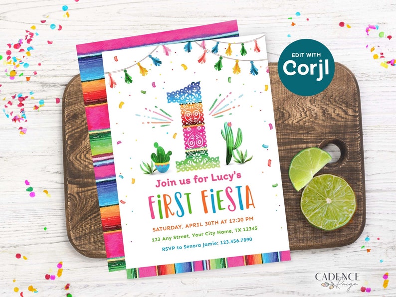 First Birthday Party Invitation for First Fiesta Invitation for 1st Birthday Fiesta Themed Birthday Invite to Send Digitally DIY Printable zdjęcie 1