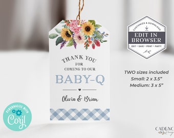 Light Blue Baby-Q Favor Tags, BBQ Baby Shower Favor Tags, Printable BabyQ Tags, Baby Shower Barbecue, Baby Boy Favor Tags EDITABLE Corjl BQB