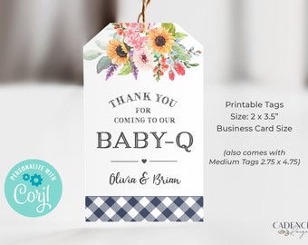 May include: Printable baby shower thank you tags with a floral design and blue and white gingham pattern. The tags say "Thank You for Coming to Our Baby-Q Olivia & Brian". The tags are 2 x 3.5 inches and come in a business card size.