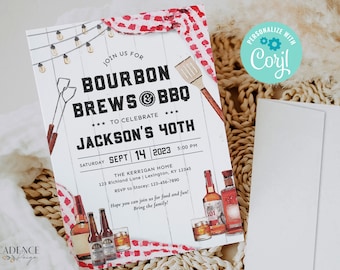 Bourbon Birthday Invitation, Bourbon Brews and BBQ, Red BBQ Birthday Party for Him Invite, 30th, 35th, 40th, 50th, 60th, Printable, Corjl