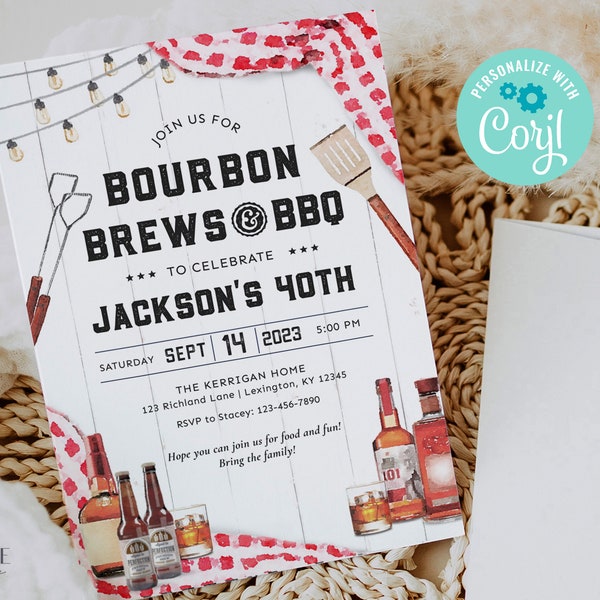 Bourbon Birthday Invitation, Bourbon Brews and BBQ, Red BBQ Birthday Party for Him Invite, 30th, 35th, 40th, 50th, 60th, Printable, Corjl