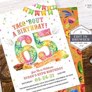 65th Birthday Party Invitation, Surprise 65th Party Invitation, Taco Themed Party Invite, 65th Fiesta Invite, DIY, Corjl, Printable, A24