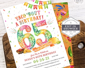 65th Birthday Party Invitation, Surprise 65th Party Invitation, Taco Themed Party Invite, 65th Fiesta Invite, DIY, Corjl, Printable, A24