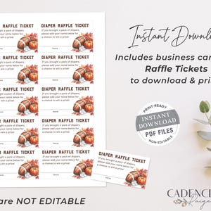 K&ouml;nnte beinhalten: Druckbarer Satz von acht braunen und wei&szlig;en Windel-Tombola-Tickets mit einem Fu&szlig;ball- und Herbstlaub-Design. Der Text auf den Tickets lautet "Windel-Tombola-Ticket" und "Wenn Sie eine Packung Windeln mitgebracht haben, tragen Sie bitte Ihren Namen unten ein, um die Chance auf einen Preis zu gewinnen!"
