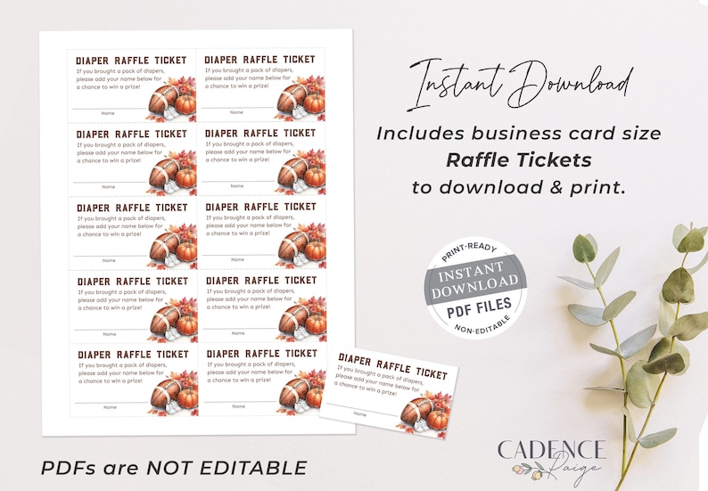 K&ouml;nnte beinhalten: Druckbarer Satz von acht braunen und wei&szlig;en Windel-Tombola-Tickets mit einem Fu&szlig;ball- und Herbstlaub-Design. Der Text auf den Tickets lautet "Windel-Tombola-Ticket" und "Wenn Sie eine Packung Windeln mitgebracht haben, tragen Sie bitte Ihren Namen unten ein, um die Chance auf einen Preis zu gewinnen!"