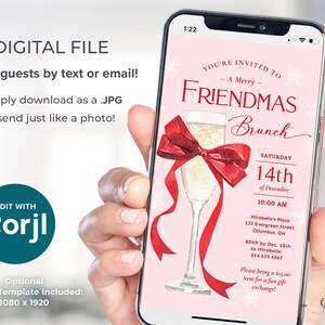 This pink and red Friendmas invitation features a big red bow tied around a glass of bubbly, perfect for a preppy Christmas brunch or holiday party with friends! It says "You're Invited to a Merry Friendmas Brunch" against a snowy pink background.