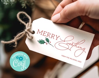 Printable Merry Everything Gift Tags, Personalized Holiday Gift Tags, Minimal Gift Tags, Editable, Customizable, DIY, Print Your Own Corjl