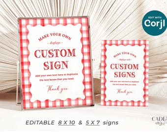 Puede incluir: Dos carteles editables con un patrón de cuadros rojos y blancos. El cartel más grande dice "Make your own - displays - Custom Sign" y el cartel más pequeño dice "Make your own - displays with - Custom Signs". Ambos carteles tienen el texto "Add your own text here or duplicate the text boxes that you need. Thank you".