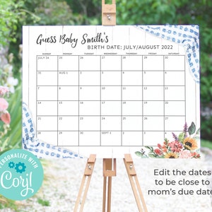 Light Blue BabyQ Calendar Sign, Guess Baby's Birth Date Sign, Blue BBQ Baby Shower Sign Game, Coed Baby Shower Sign Printable Sign Corjl BQB