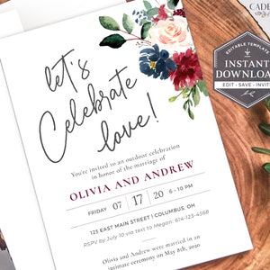 Burgundy Blush Navy Wedding Invitation, Backyard Wedding Reception, Fall Engagement Party Invite, Couples Shower, Printable, Corjl, B21, A6