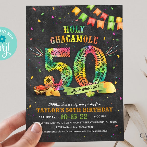 Holy Guacamole 50th Birthday Invitation, 50th Birthday Party Invite, Dry fifty, 50th Fiesta Invite, Surprise 50th, DIY, Printable, Corjl A24