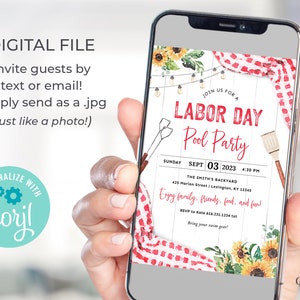 May include: A digital invitation for a Labor Day pool party. The invitation features a white wood background with red and white gingham fabric, sunflowers, and string lights. The text reads "Join us for a Labor Day Pool Party" with the date and time of the party. The invitation also includes the address and RSVP information.