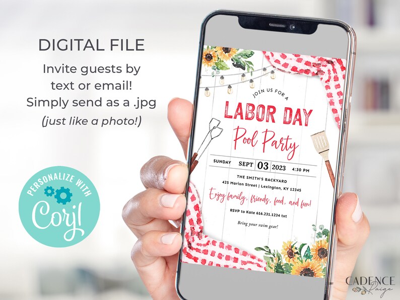 May include: A digital invitation for a Labor Day pool party. The invitation features a white wood background with red and white gingham fabric, sunflowers, and string lights. The text reads "Join us for a Labor Day Pool Party" with the date and time of the party. The invitation also includes the address and RSVP information.
