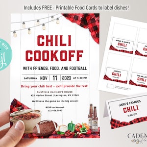 May include: A red and black plaid invitation for a chili cookoff with friends, food, and football. The invitation includes the date, time, and location of the event. It also includes a picture of a pot of chili, a football, and some chili peppers.