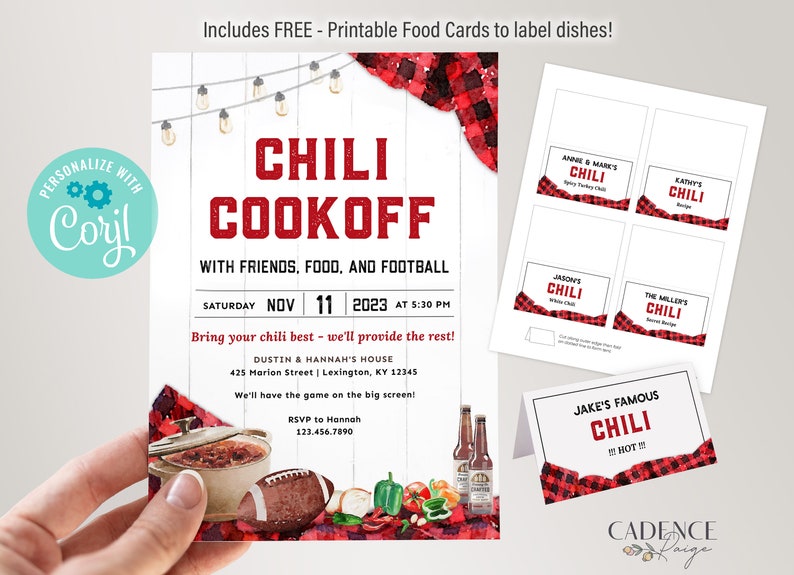 May include: A red and black plaid invitation for a chili cookoff with friends, food, and football. The invitation includes the date, time, and location of the event. It also includes a picture of a pot of chili, a football, and some chili peppers.