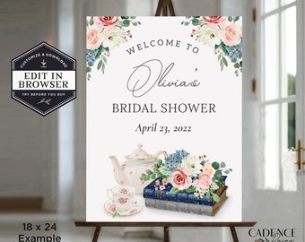 Bridal Shower Tea Welcome sign, Bridal Tea Sign, Welcome to Bridal Shower Sign, Book Themed, Bridal Tea Party Sign, Editable, Corjl, BST