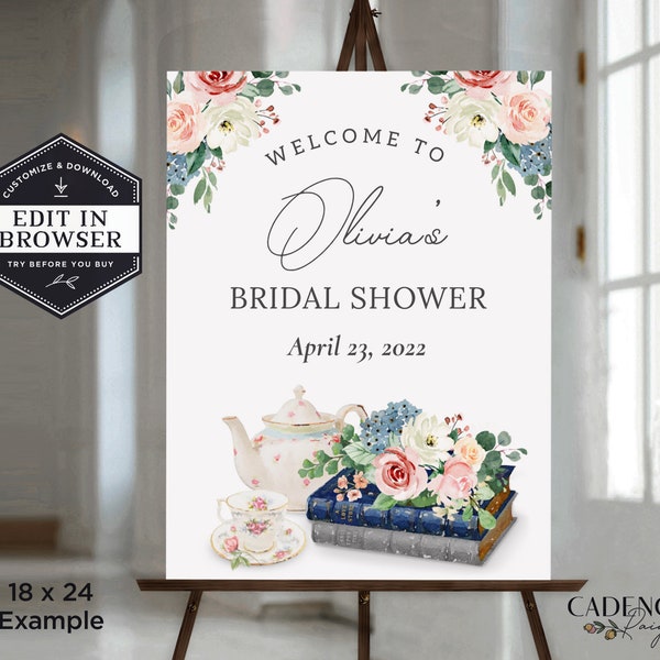 Bridal Shower Tea Welcome sign, Bridal Tea Sign, Welcome to Bridal Shower Sign, Book Themed, Bridal Tea Party Sign, Editable, Corjl, BST