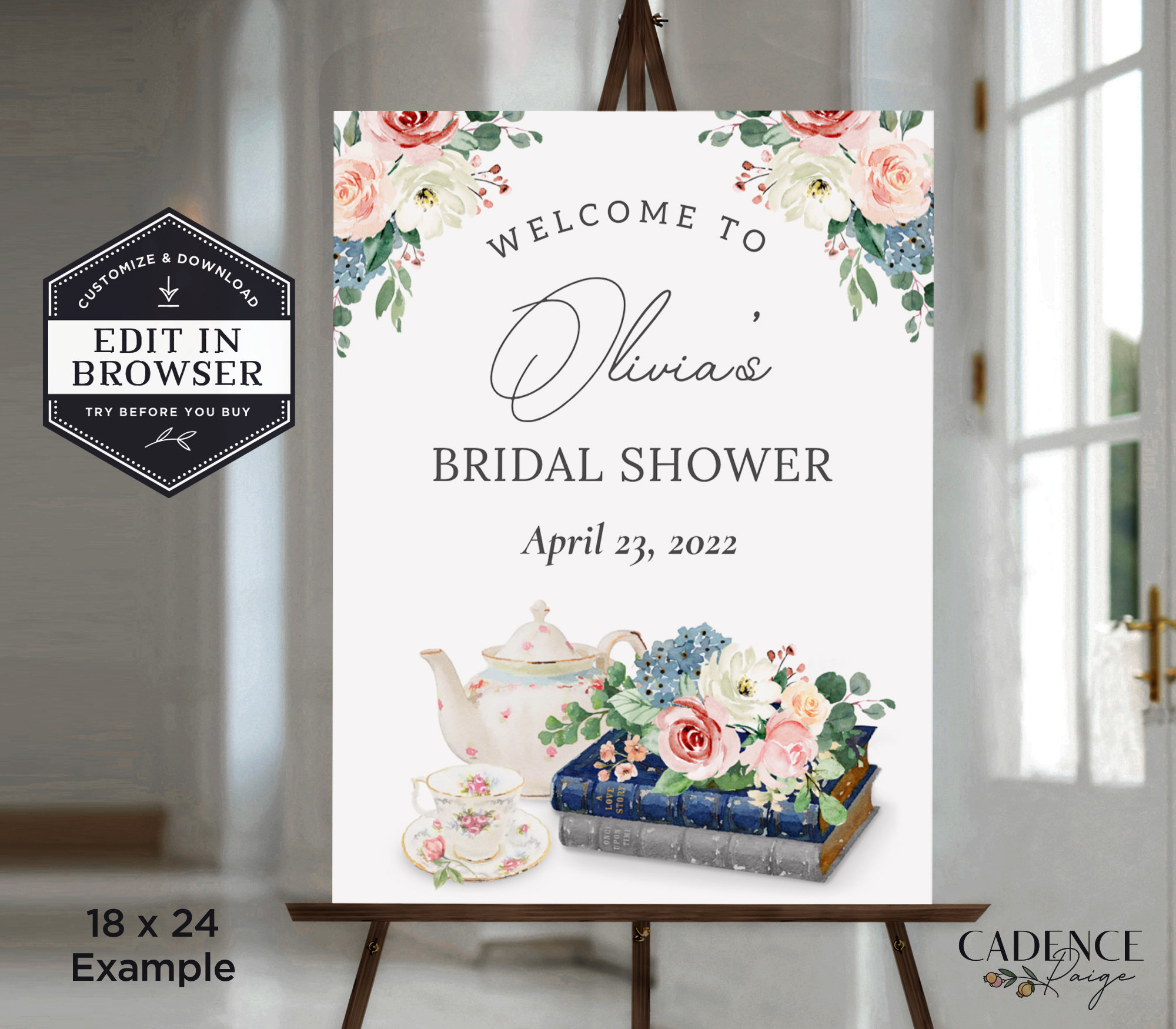 Bridal Shower Tea Welcome sign, Bridal Tea Sign, Welcome to Bridal Shower Sign, Book Themed, Bridal Tea Party Sign, Editable, Corjl, BST