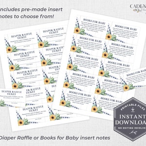 K&ouml;nnte beinhalten: Druckbare Einlegekarten f&uuml;r ein Babyparty-Spiel mit einem Sonnenblumen- und blauem Gingham-Muster. Die Karten zeigen "Diaper Raffle Ticket" und "Books for Baby".
