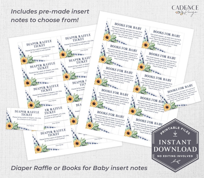 K&ouml;nnte beinhalten: Druckbare Einlegekarten f&uuml;r ein Babyparty-Spiel mit einem Sonnenblumen- und blauem Gingham-Muster. Die Karten zeigen "Diaper Raffle Ticket" und "Books for Baby".