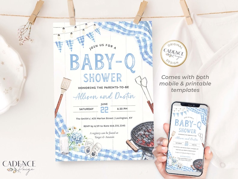 Invite guests to baby shower BBQ with this light blue Baby-Q shower invitation perfect for celebrating a baby boy on his way! This digital design features accents of  light blue gingham, twinkling lights, a matching bunting, all to inspire your decorations for a casual yet darling BBQ! The grilling tools, grill, baby shoes, bottle, and flowers can be deleted or moved if you prefer.