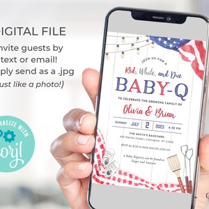 4th of July Baby Shower Invitation, Patriotic Baby Shower Invitation, Red White and Due Baby Shower, American, BabyQ Shower, Printable DIY image 2