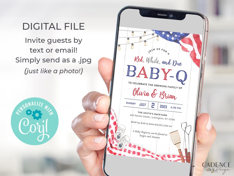 4th of July Baby Shower Invitation, Patriotic Baby Shower Invitation, Red White and Due Baby Shower, American, BabyQ Shower, Printable DIY image 2