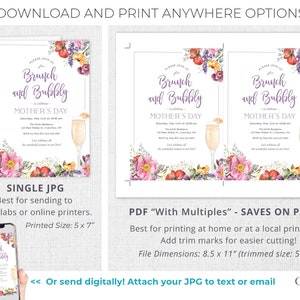 May include: Printable invitation for a Mother's Day brunch with a floral design and a glass of champagne. The invitation says "Please join us for Brunch and Bubbly - in celebration of Mother's Day".