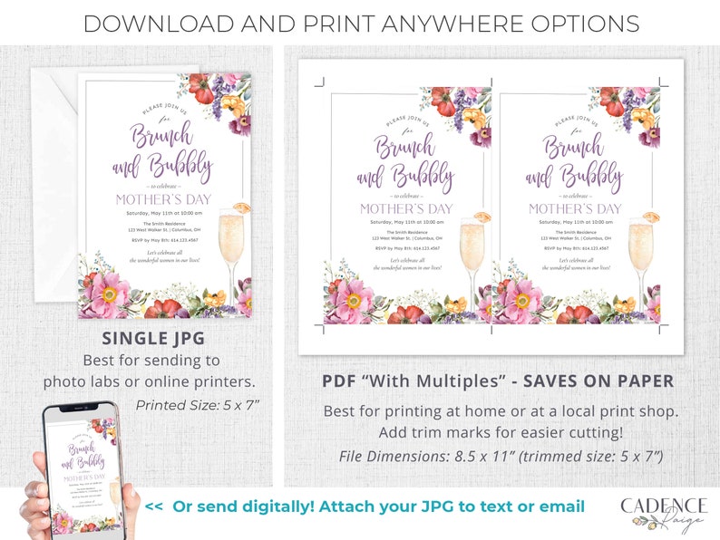 May include: Printable invitation for a Mother's Day brunch with a floral design and a glass of champagne. The invitation says "Please join us for Brunch and Bubbly - in celebration of Mother's Day".