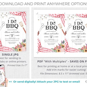 May include: A BBQ-themed invitation design with the text "I Do BBQ" and event details. The design includes a red and white checkered border, floral accents, and images of grilling tools. The invitation is available in JPG and PDF formats.