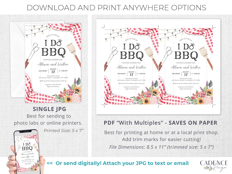 May include: A BBQ-themed invitation design with the text "I Do BBQ" and event details. The design includes a red and white checkered border, floral accents, and images of grilling tools. The invitation is available in JPG and PDF formats.