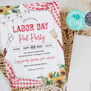 May include: A Labor Day pool party invitation with a red and white gingham pattern, sunflowers, and a wooden fence. The text reads "Join us for a Labor Day Pool Party" with the date and time of the party. The invitation also includes the address and RSVP information.