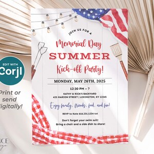 A Memorial Day Party invitation that can be printed or texted to guests. The design has a red, white, and blue American flag in the background along with red checkered picnic gingham. The text on the invitation reads: 'Join us for a Memorial Day Summer Kick-off Party! with Date, Time, and Location. Enjoy family, friends, food, and fun! RSVP info. Don't forget your swim suit! Bring a chair and a side dish to share!' The invitation can be personalized in Corjl.