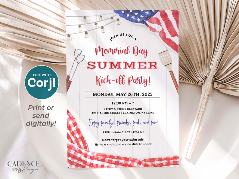 A Memorial Day Party invitation that can be printed or texted to guests. The design has a red, white, and blue American flag in the background along with red checkered picnic gingham. The text on the invitation reads: 'Join us for a Memorial Day Summer Kick-off Party! with Date, Time, and Location. Enjoy family, friends, food, and fun! RSVP info. Don't forget your swim suit! Bring a chair and a side dish to share!' The invitation can be personalized in Corjl.
