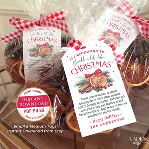 Puede incluir: Bolsas de regalo con rodajas de naranja secas, palitos de canela y romero, atadas con cintas a cuadros rojas y blancas. Cada bolsa tiene una etiqueta que dice "It's Beginning to Smell a lot like Christmas."