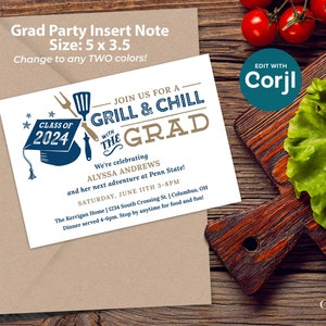 May include: A graduation party invitation with a blue and gold color scheme. The invitation features a grill and spatula with the text "Join us for a Grill & Chill with the Grad". The invitation also includes the text "Class of 2024" and a graduation cap.
